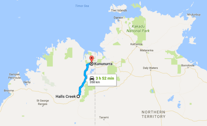 Halls Creek to Kununurra Map